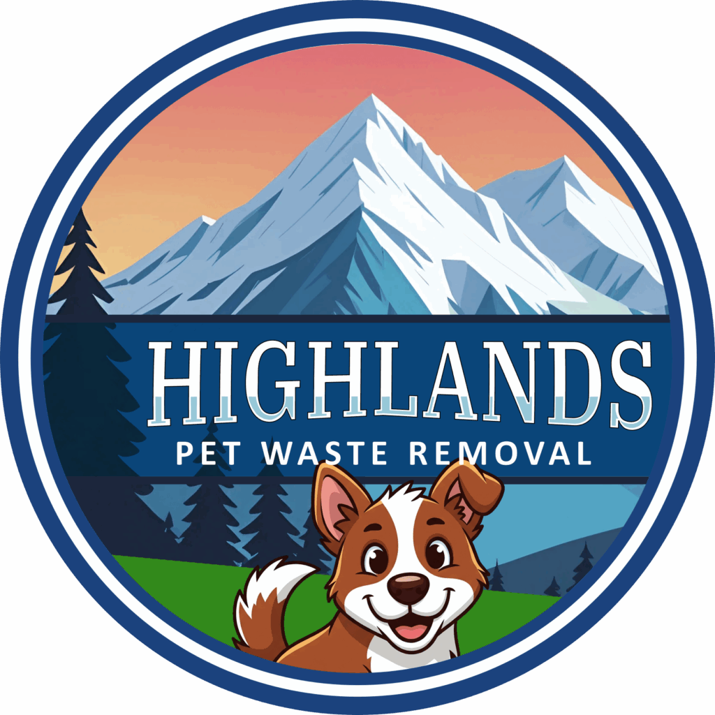Highlands Pet Waste Removal Logo, with snow-capped rocky mountains in the background, pine trees, and green grass, with a happy puppy in the foreground.