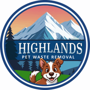 Highlands Pet Waste Removal Logo, with snow-capped rocky mountains in the background, pine trees, and green grass, with a happy puppy in the foreground.
