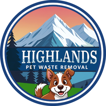 Highlands Pet Waste Logo with illustrated brown and white puppy in a meadow with snowcapped Rocky Mountains in the background