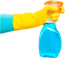 Gloved hand holding spray bottle